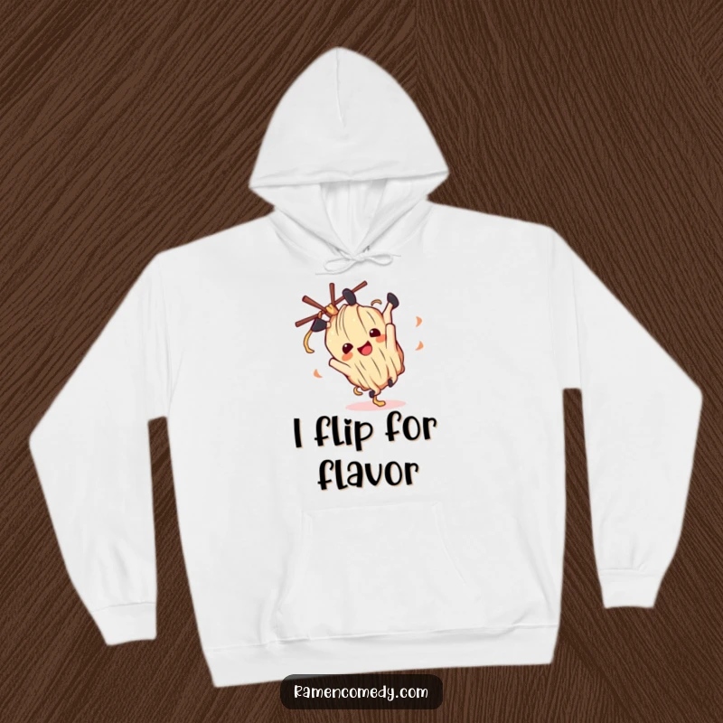 Funny ramen noodle character in a somersault pose on a warm hoodie, spreading joy and comfort.