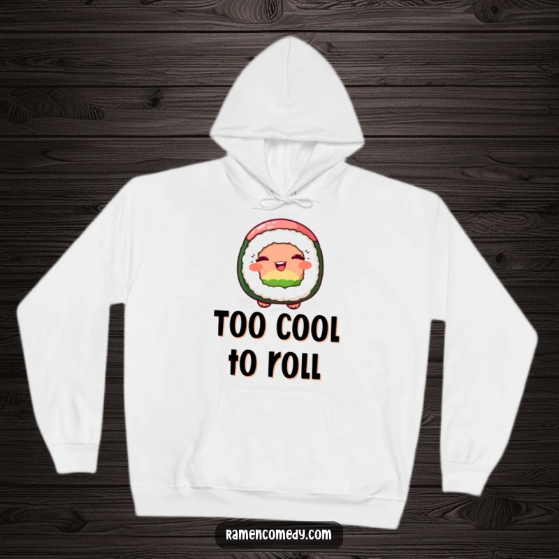 Funny hoodie depicting a cheerful sushi roll character giving a mischievous and friendly wink.