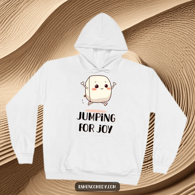 Funny hoodie featuring a happy onigiri character leaping energetically, perfect for cozy food moments.