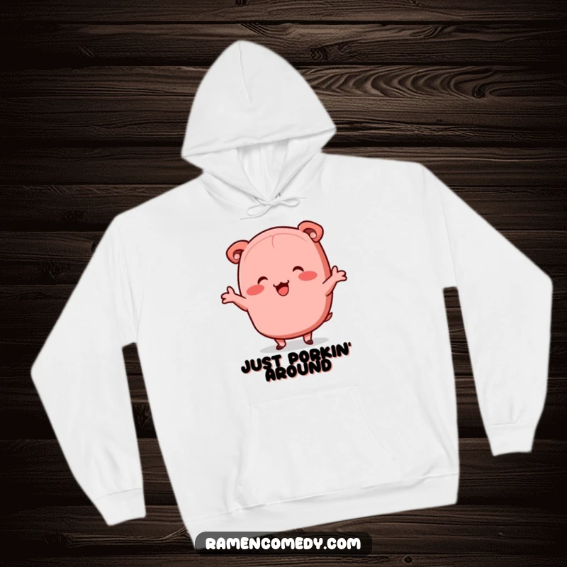Funny chashu pork hoodie, happy animated slice doing a jig, cozy ramen fan apparel.