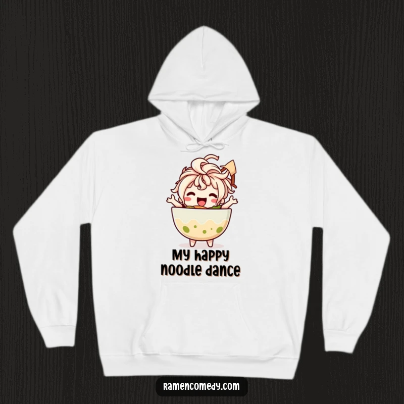Funny hoodie featuring a happy ramen bowl character with noodle hair dancing with glee, perfect for cozying up with a smile.