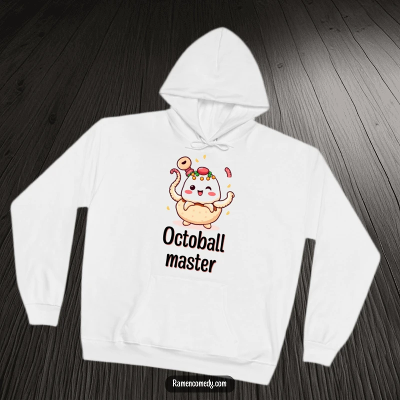 Funny takoyaki hoodie with a cheerful takoyaki character juggling multiple spinning octopus tentacles, designed for warmth and amusement.