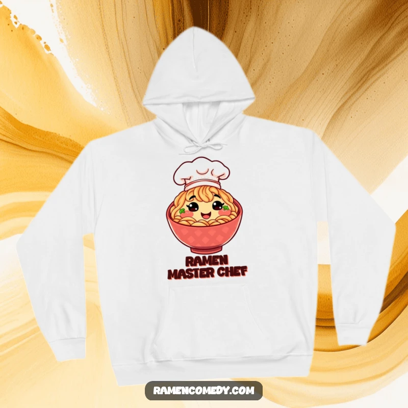 Funny smiling bowl of ramen wearing a tiny chef hat, a cozy and delicious hoodie for food lovers.