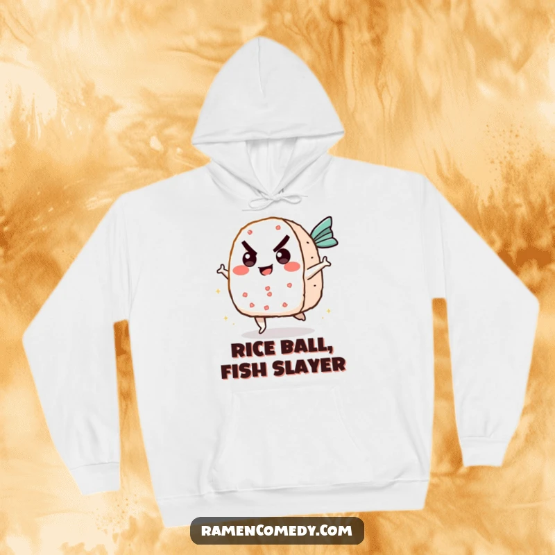 Funny onigiri hoodie showing a determined rice ball character delivering a powerful kick to a flying fish cake, perfect for chilly days.