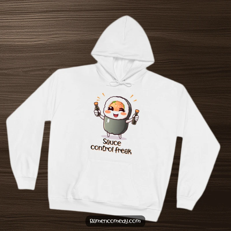 Funny sushi roll character winking and juggling soy sauce bottles, featured on a warm and soft hoodie.