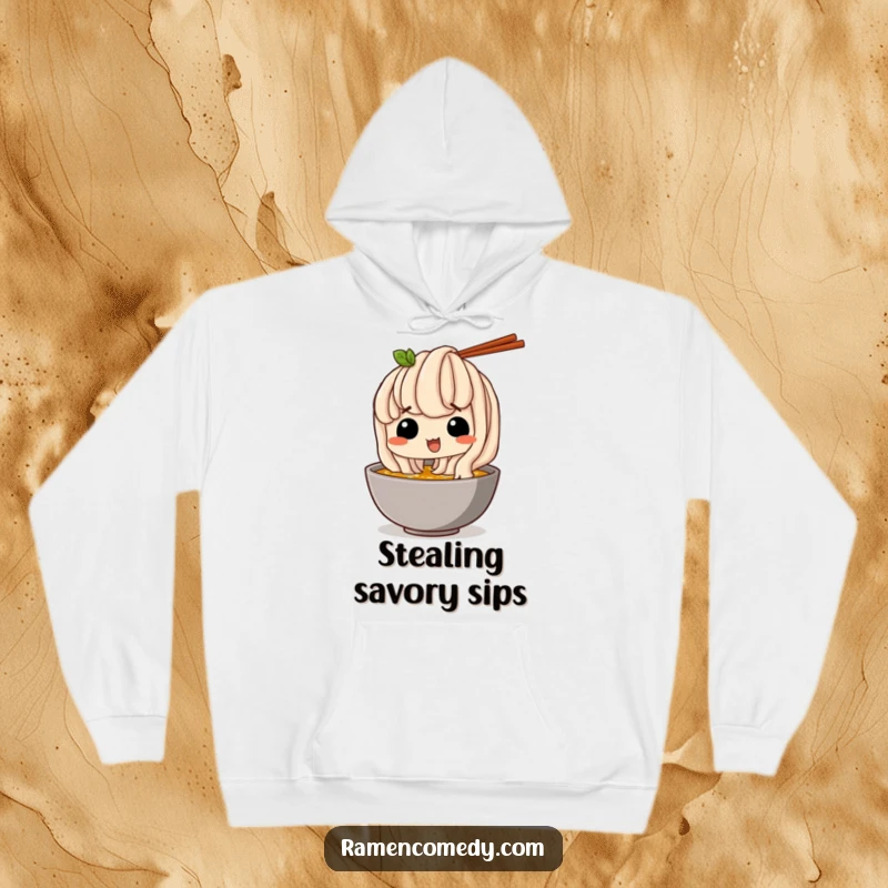 Funny Hoodie: A happy udon noodle sneaks a sip of broth, offering cozy comfort and playful humor.