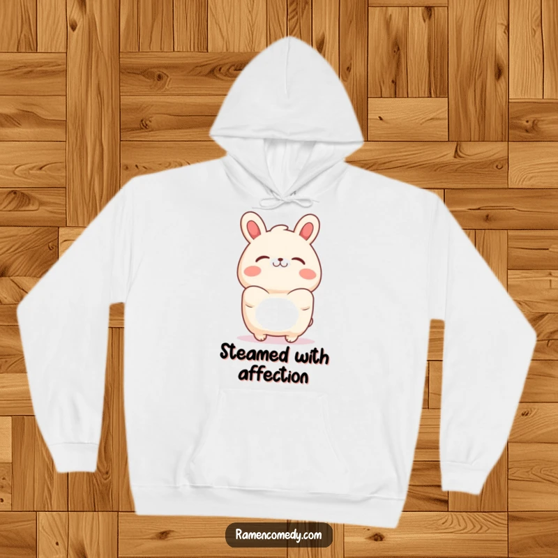 Funny bao bun hoodie featuring a cheerful character giving a heartwarming hug, ideal for cozy loungewear.