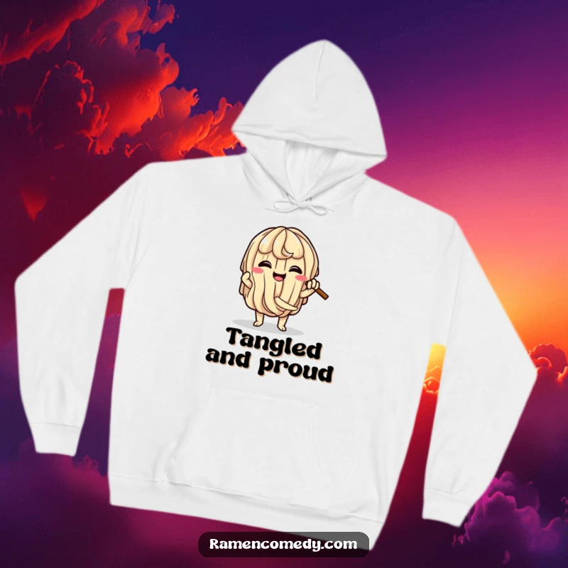 Funny Ramen Knot Hoodie with a happy ramen noodle character comically tying itself into a knot, perfect for cozy, fun wear.