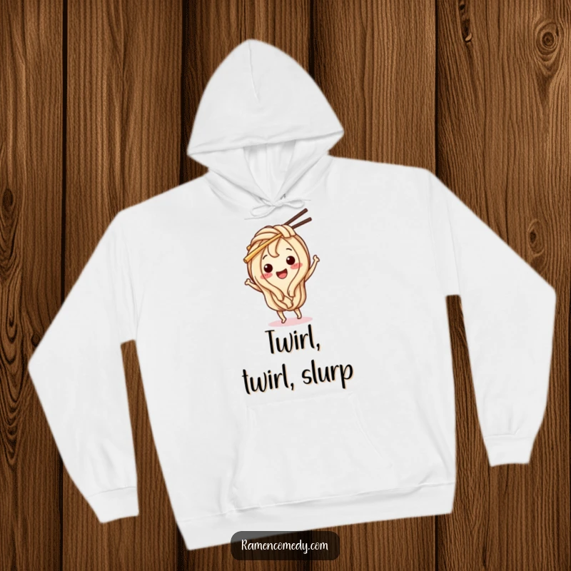 Funny Udon Noodle Hoodie: A happy udon noodle character dances with chopsticks, offering cozy comfort and food-themed fun.