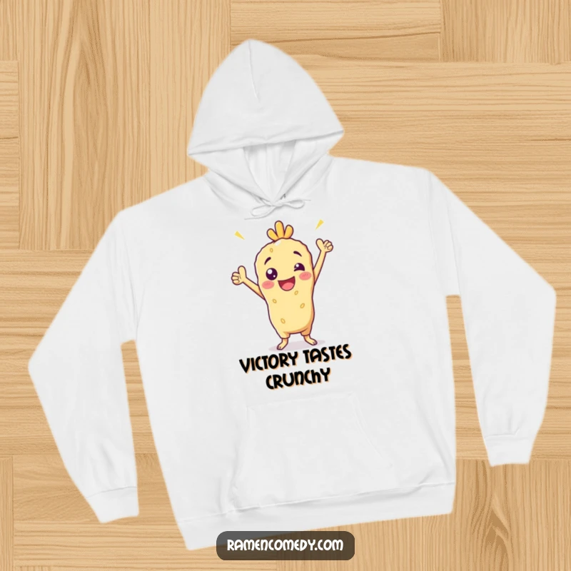 Funny Hoodie with a cheerful tempura character striking a confident, victorious pose, offering warmth and a symbol of achievement.