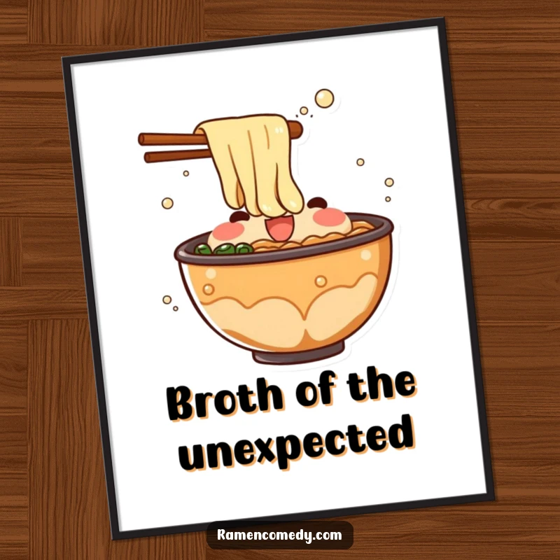 Funny Free Printable Wall Art: Bubbling ramen broth character mid-splash, creating a dynamic and surprising effect.