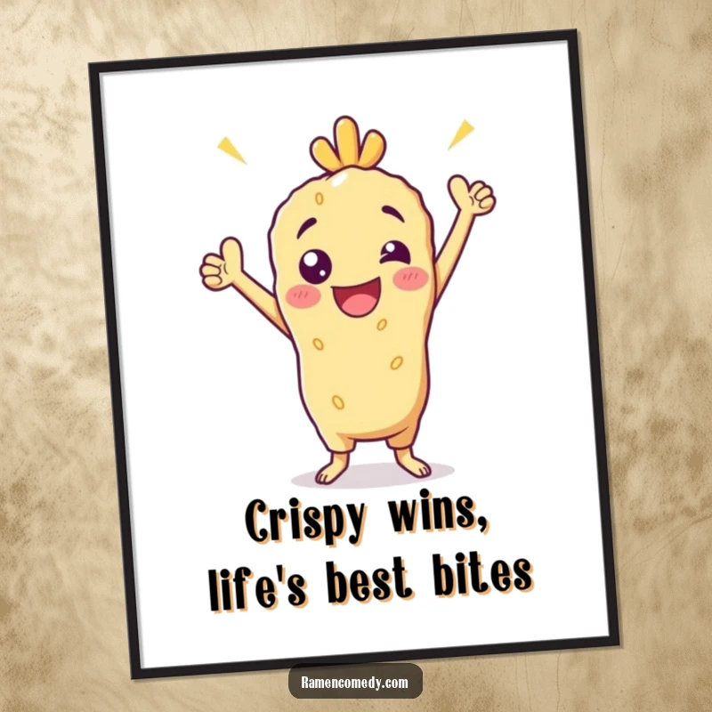 Funny Free Printable Wall Art: A cheerful tempura character striking a strong, victorious pose, exuding confidence.