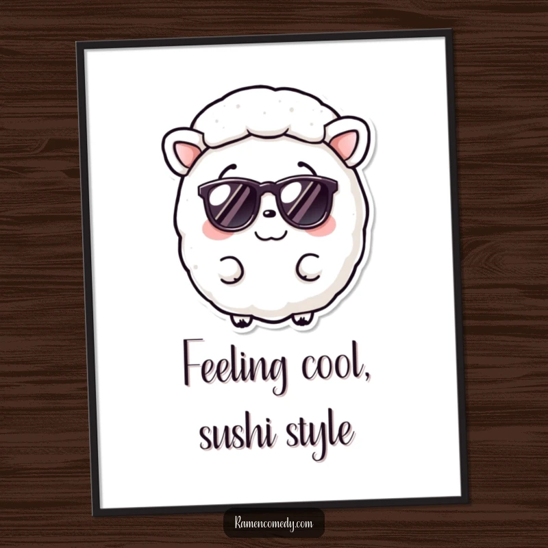 Funny Free Printable wall art of a smiling nori sheet wearing tiny sunglasses, bringing chill vibes to any room.