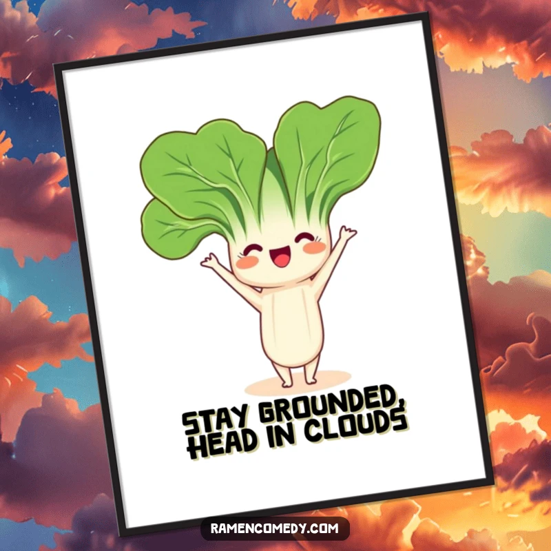 Funny Free Printable Bok Choy Wall Art: A friendly bok choy character performing a playful headstand.