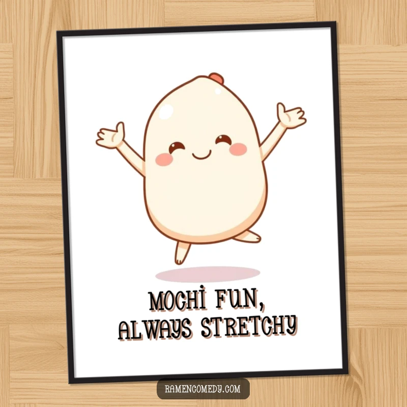 Funny Free Printable Mochi Wall Art: Smiling character bouncing with stretchy arms, downloadable quirky decor.