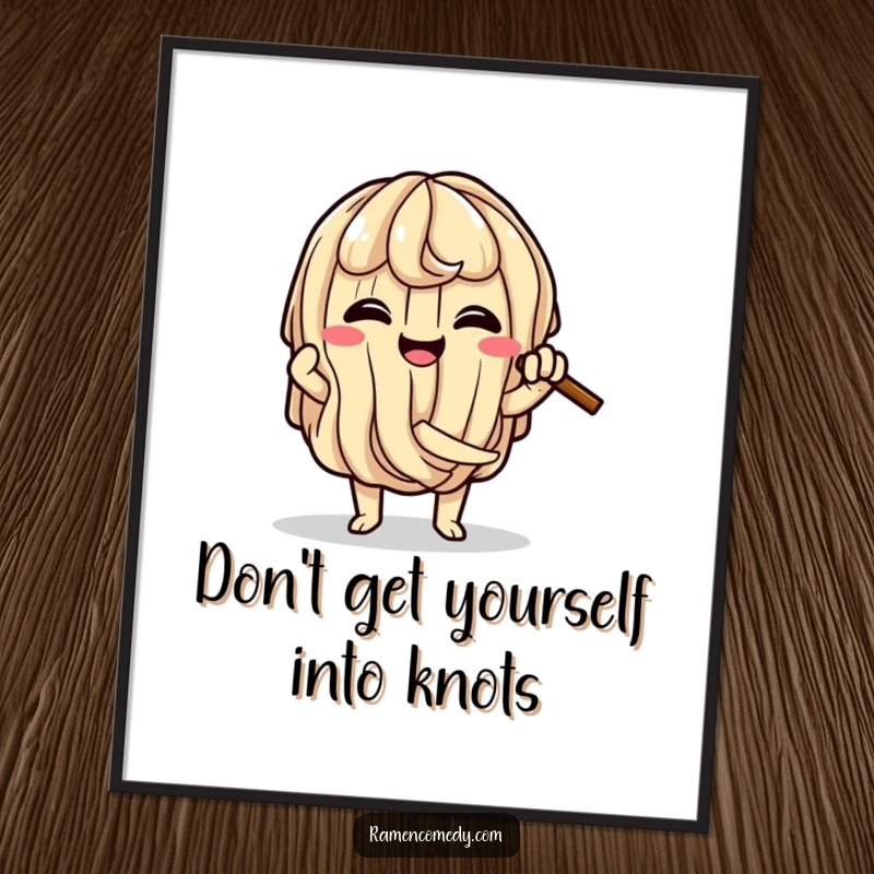 Funny Free Printable Ramen Wall Art: A happy ramen noodle character comically tying itself into a knot.