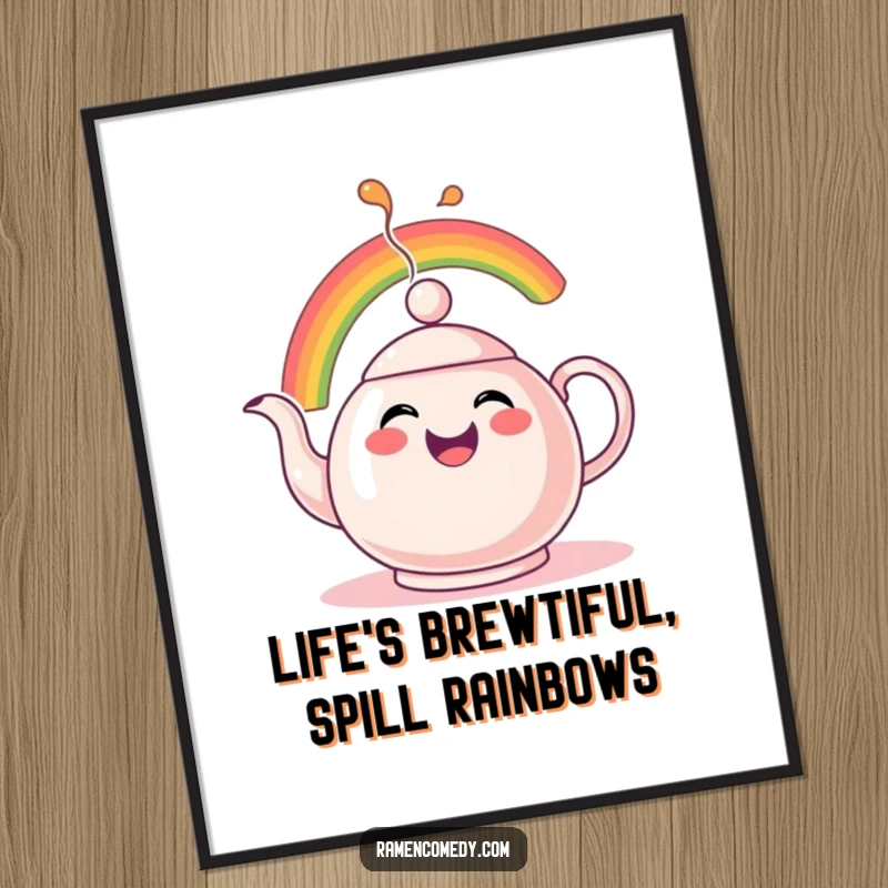 Funny Free Printable Teapot Wall Art: A cheerful teapot character comically spouting a vibrant rainbow.