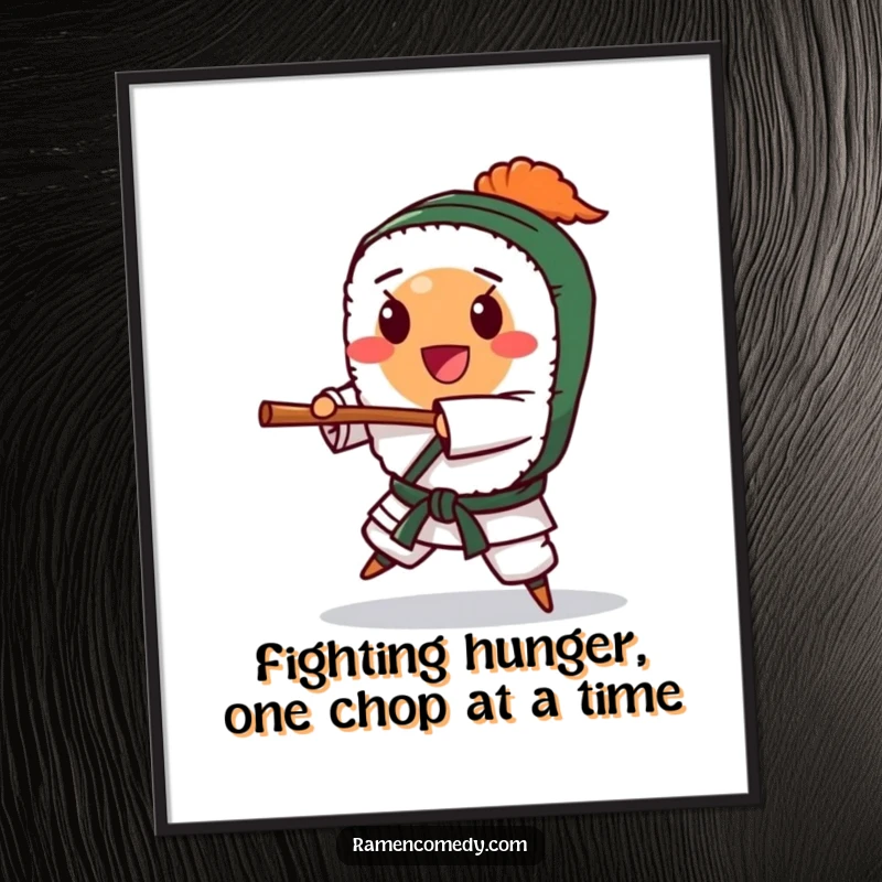 Funny Free Printable Wall Art: A happy sushi roll character strikes an energetic karate pose, ready for action. Downloadable art.