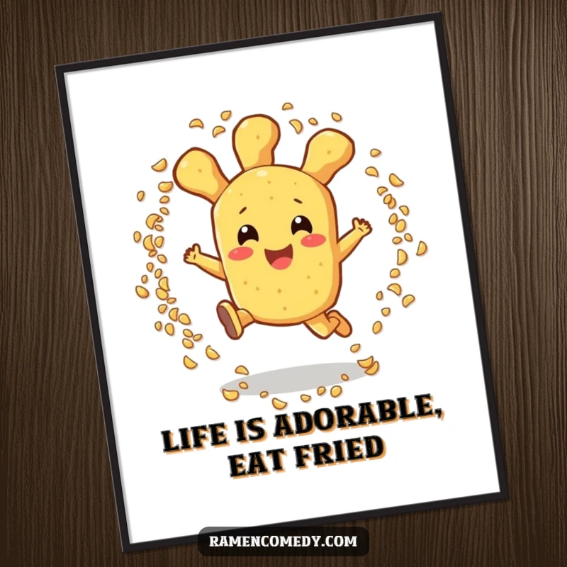 Funny Free Printable Wall Art showing a happy tempura character leaping through a ring of sesame seeds, whimsical food art.