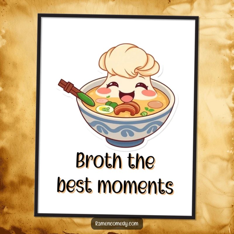 Funny free printable wall art of a smiling ramen broth character beaming broadly from its bowl, radiating warmth and cheer.