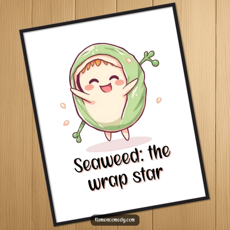Funny Free Printable Wall Art featuring a grinning seaweed wrap performing an impressive cartwheel, adding a dynamic feel.