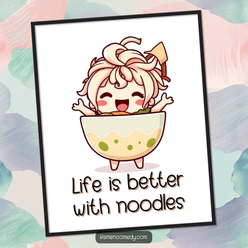 Funny Free Printable Wall Art: Joyful ramen bowl character with noodle hair dancing energetically, a fun foodie gift.
