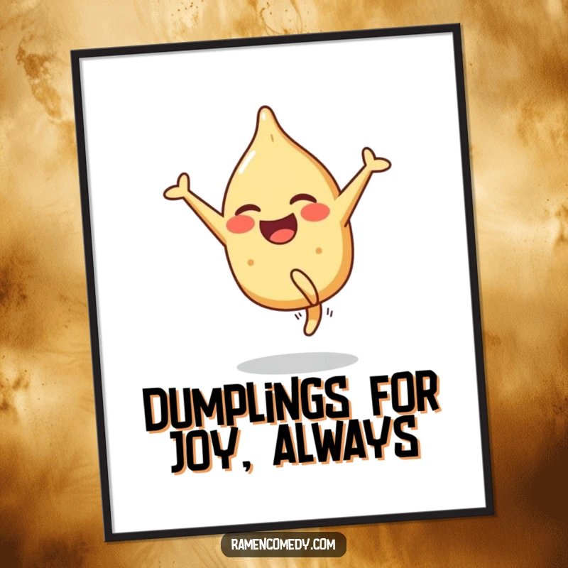 Funny Free Printable Wall Art: Smiling gyoza character doing a cartwheel with glee, a humorous foodie gift.