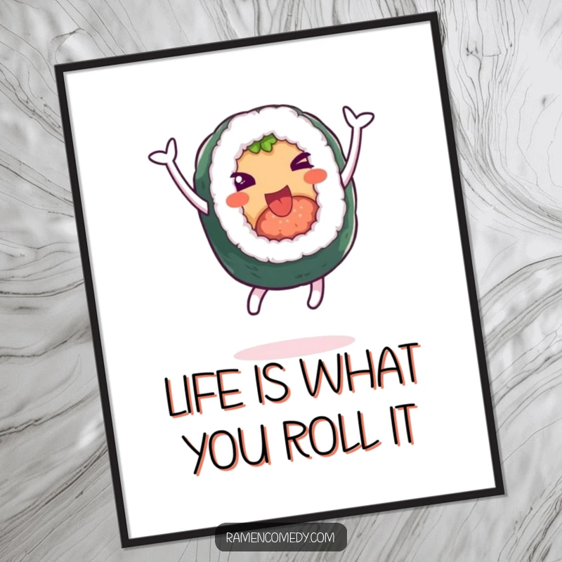Funny Free Printable Wall Art: Cheerful sushi roll character leaping high, a fun and humorous food-themed gift.