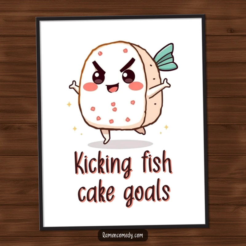 Funny Free Printable Wall Art: Cheerful onigiri character impressively kicking a flying fish cake with a determined expression.