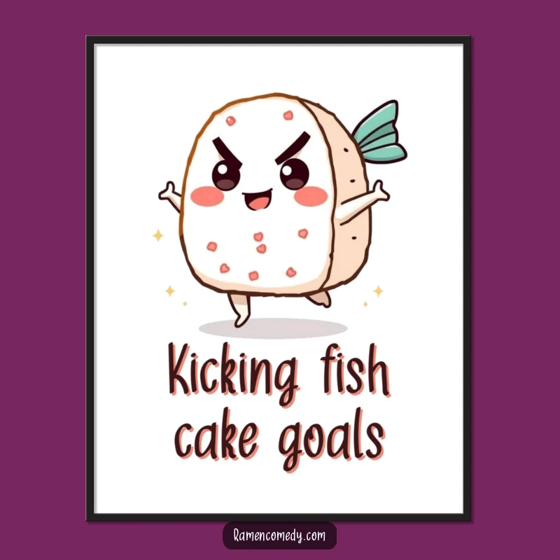 Funny Free Printable Wall Art: Whimsical Onigiri Kicking Fish Cake - Downloadable Home Decor