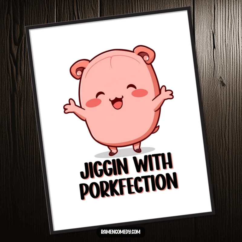 Funny free printable wall art of a happy chashu pork slice doing a cheerful jig, adding a playful touch to any room.