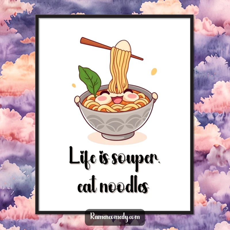 Funny Free Printable Wall Art featuring a smiling ramen bowl comically juggling chopsticks and an egg, a humorous food art.