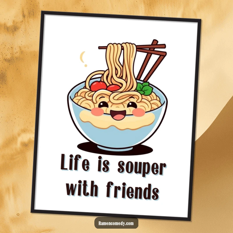 Quirky free printable wall art featuring a joyful, wiggling bowl of noodles, adding a fun, foodie vibe to any room.