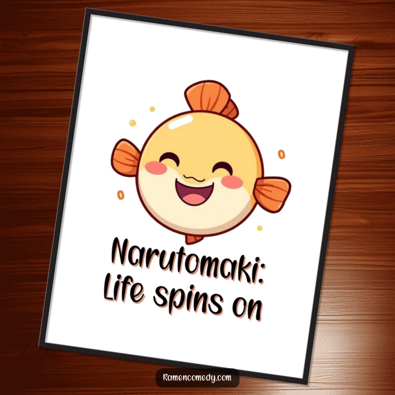 Funny free printable wall art of a cheerful narutomaki fish cake with a grin, spinning around with playful energy.