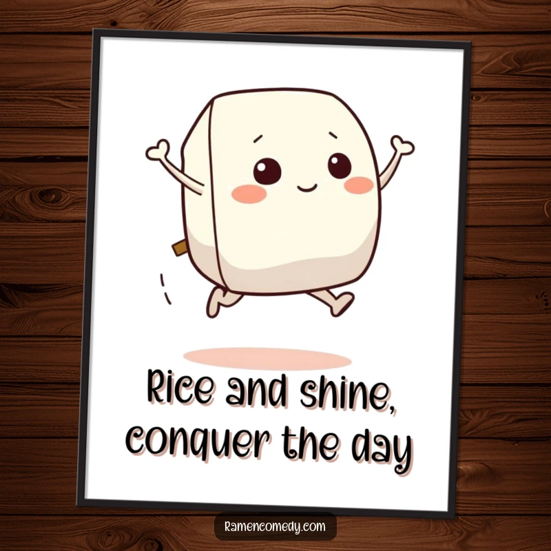 Funny Free Printable Wall Art: Smiling onigiri character captured mid-leap with pure happiness, adding cheerful food art to walls.