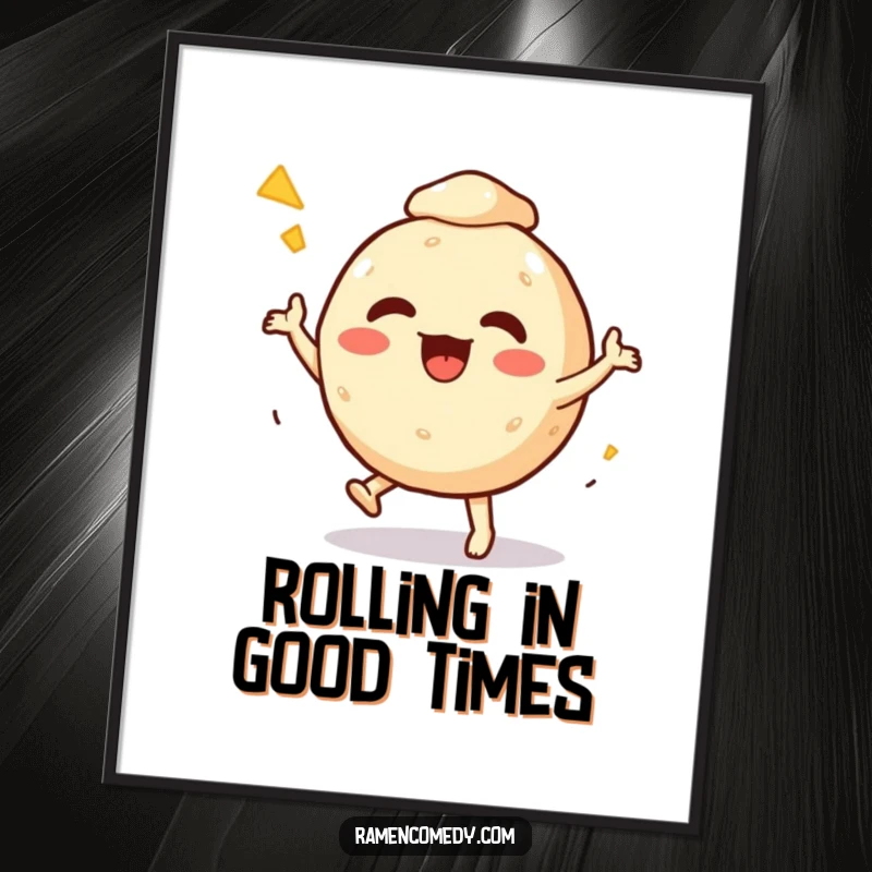 Funny free printable wall art of an excited Takoyaki character doing a lively dance, perfect for a fun kitchen.