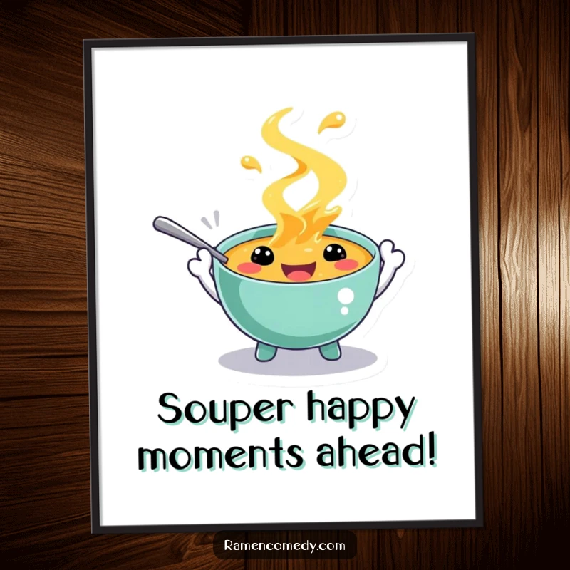 Funny Free Printable Wall Art: A playful soup character splashing with happiness and spoon hands, adding joy.