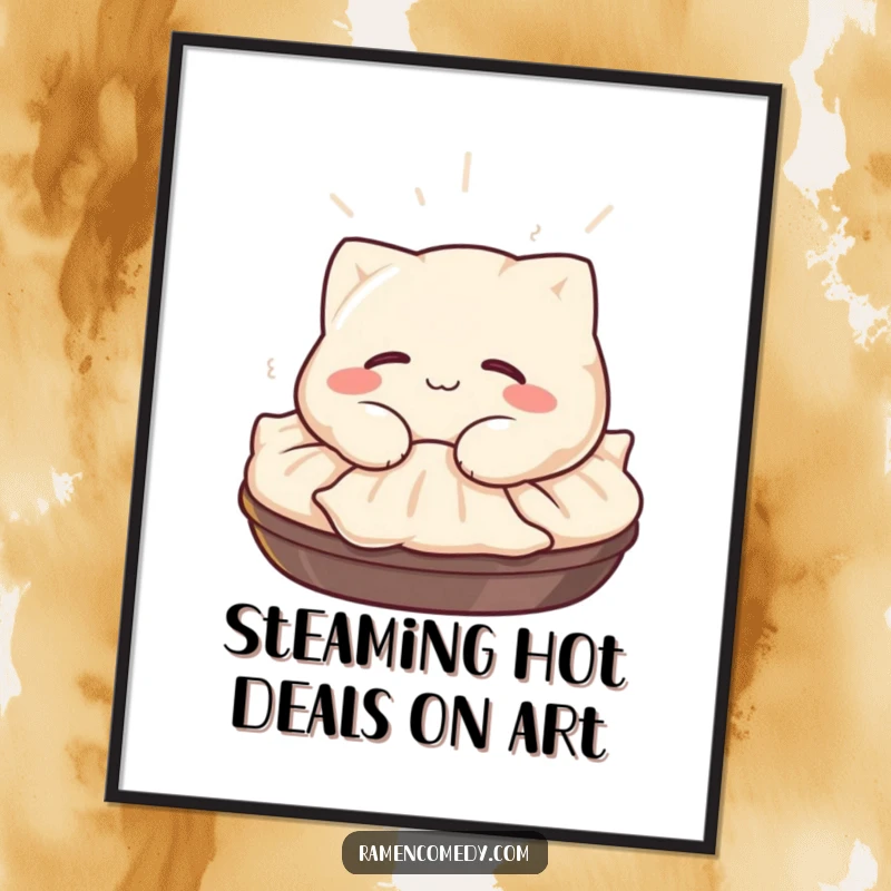 Funny Free Printable Wall Art, a happy gyoza character with a satisfied smile naps peacefully on a steaming pile.