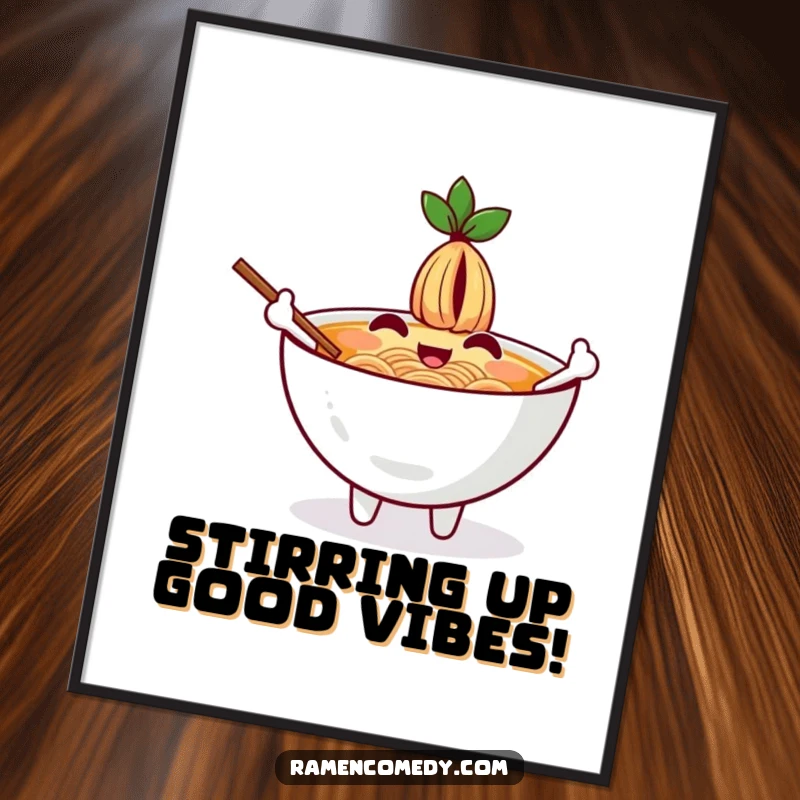 Funny Free Printable Wall Art: A cheerful ramen bowl character with appetizer chopsticks as arms, waving hello with joy.