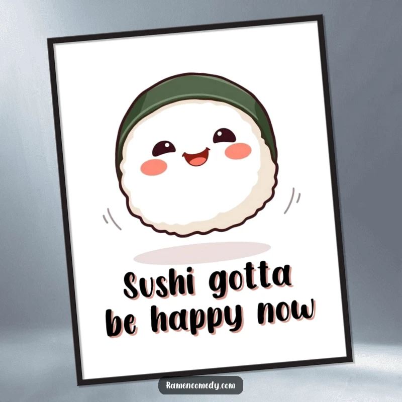 Funny Free Printable Wall Art of a smiling sushi piece captured mid-spin, exuding playful energy and culinary charm, perfect for kitchens.