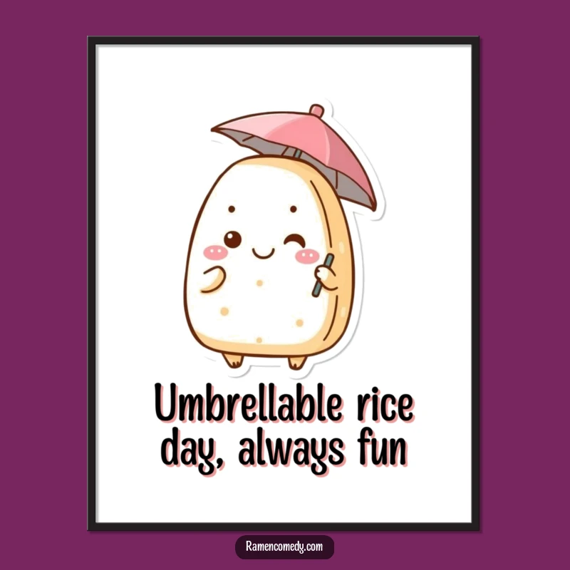 Funny Free Printable Wall Art: Grinning Onigiri With Umbrella, Quirky Downloadable Decor