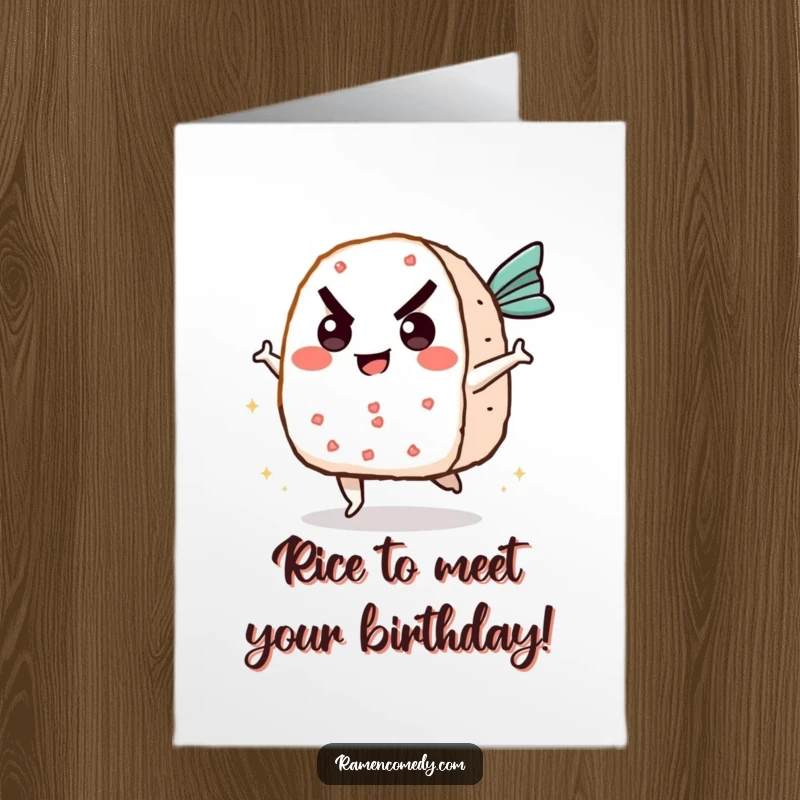 Funny Free Printable Birthday Card: Cheerful onigiri character with determined look kicking a flying fish cake in mid-air.