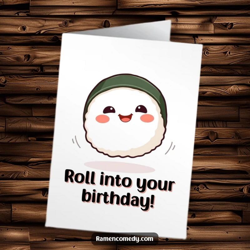Funny Free Printable Birthday Card of a smiling sushi piece gracefully performing a playful, dynamic spin with joyful zest.