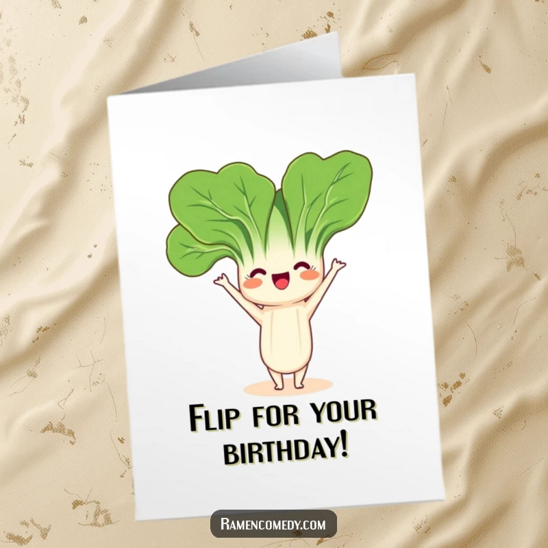 Funny Free Printable Bok Choy Birthday Card: A friendly bok choy character doing a playful headstand.