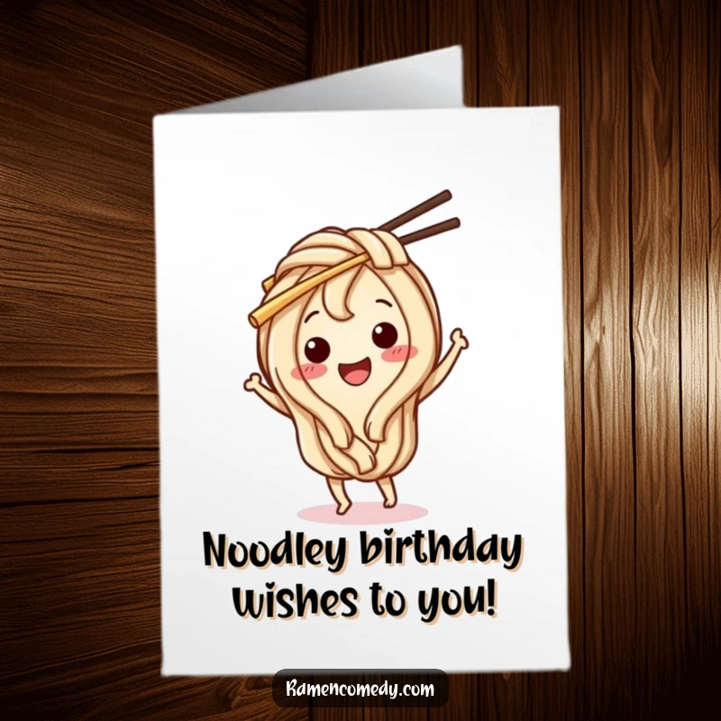 Funny Free Printable Birthday Card, a happy udon noodle character dancing joyfully with chopsticks, celebrating with noodles.