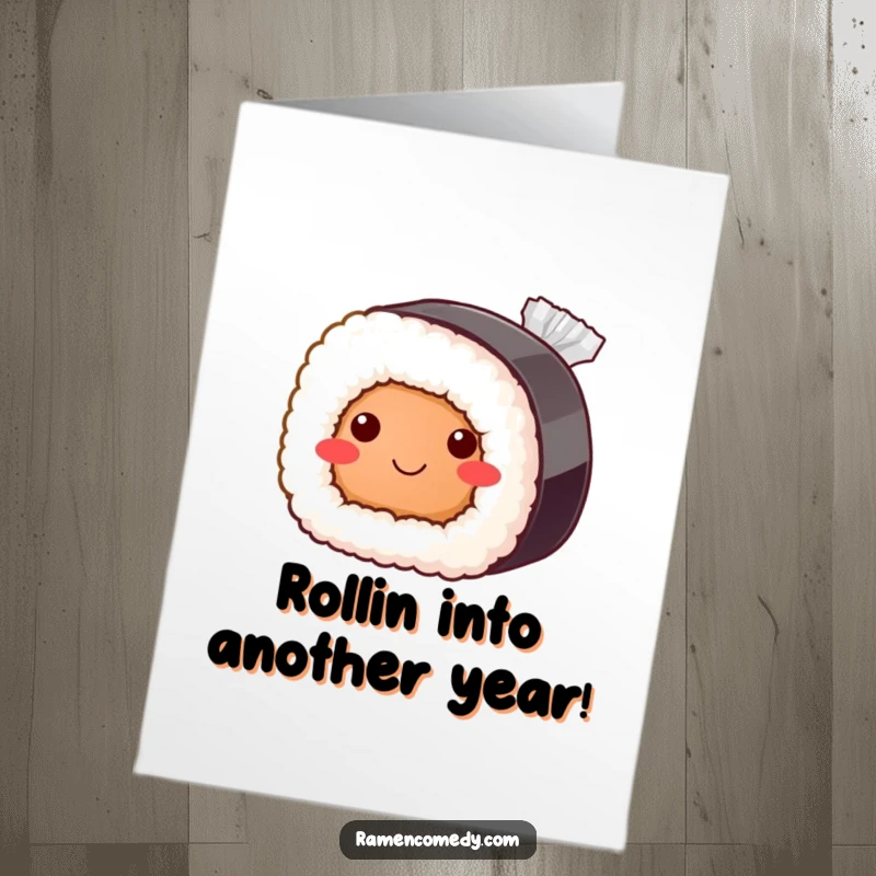 Funny free printable birthday card showcasing a bashful sushi roll hiding behind a soy sauce packet with a sweet smile.