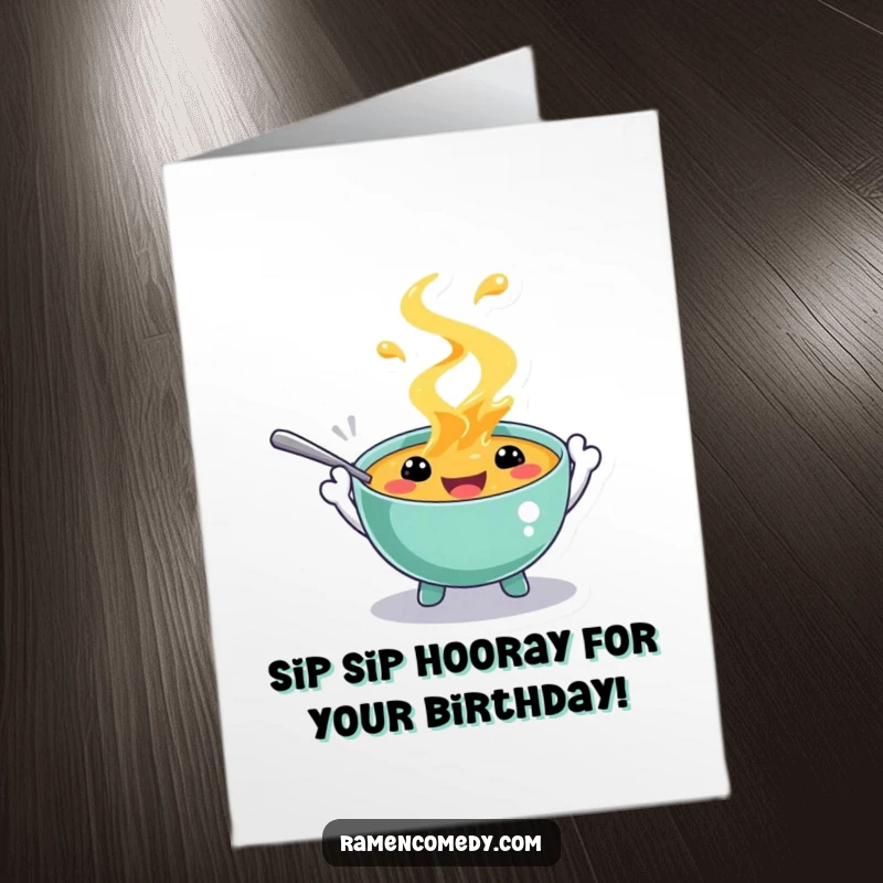 Funny Free Printable Birthday Card: A happy soup character with spoon hands splashing gleefully, celebrating a birthday.