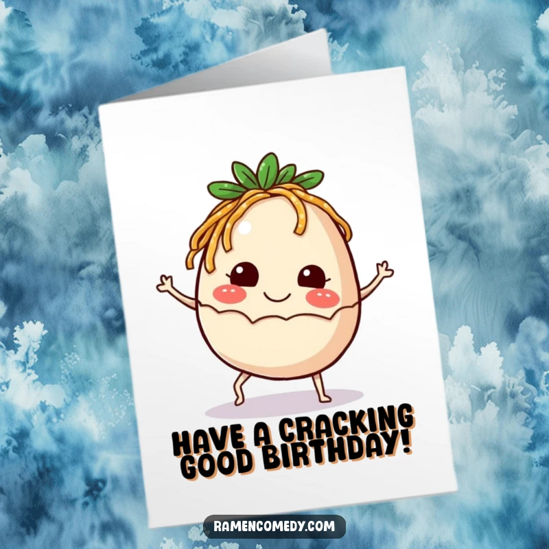 Funny Free Printable Birthday Card: A smiling ramen egg with tiny legs happily kicks up, celebrating a fantastic birthday.