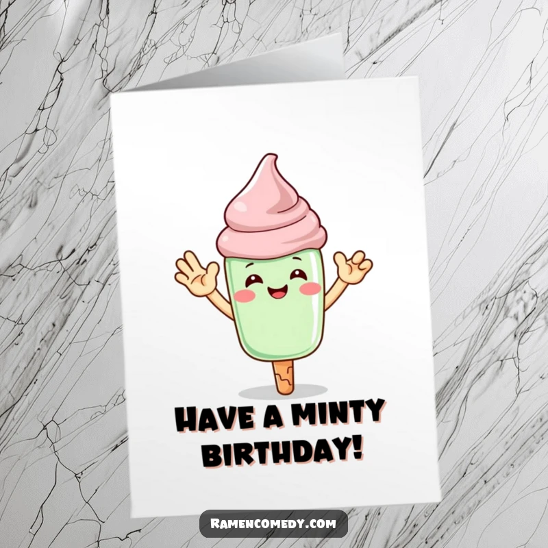 Funny Free Printable Birthday Card: A grinning matcha ice cream cone character giving a high-five.