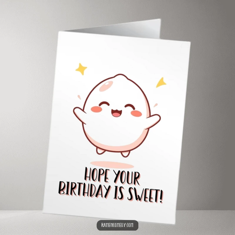 Funny Free Printable birthday card featuring a happy mochi character bouncing with infectious joy, embodying pure celebratory delight.
